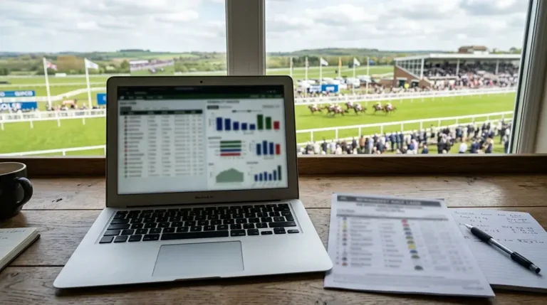 Laptop screen displaying horse racing form data and probability charts at a UK racecourse