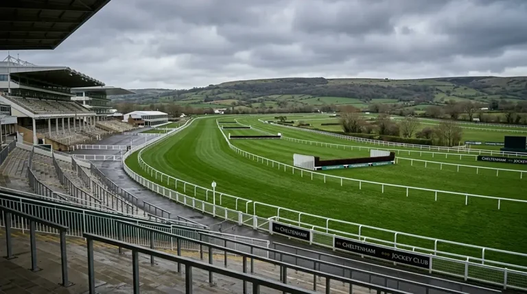 Cheltenham racecourse amphitheatre view with runners approaching the final hill