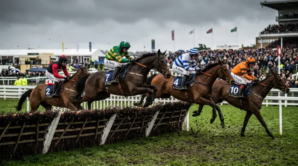 Horses and jockeys clearing a fence during a National Hunt steeplechase at a packed UK racecourse