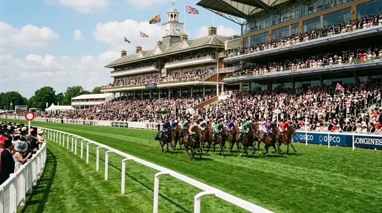 Epsom Downs racecourse showing the dramatic camber and downhill turn toward Tattenham Corner