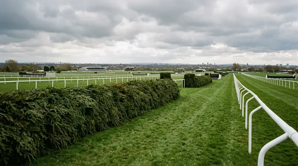 Aintree racecourse with a large field of runners approaching the first fence in the Grand National
