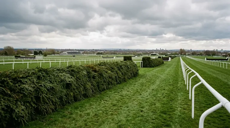 Aintree racecourse with a large field of runners approaching the first fence in the Grand National