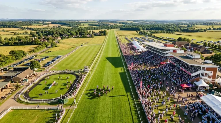 Aerial view of a UK racecourse on race day showing the main straight and grandstands