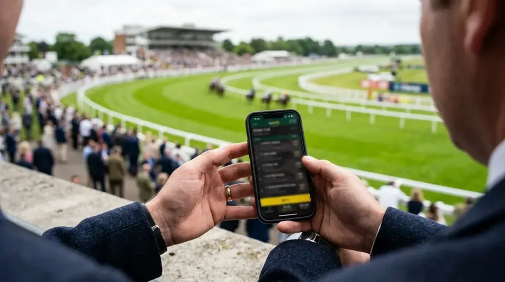 First-person view of a mobile phone showing a horse racing betting interface at a racecourse