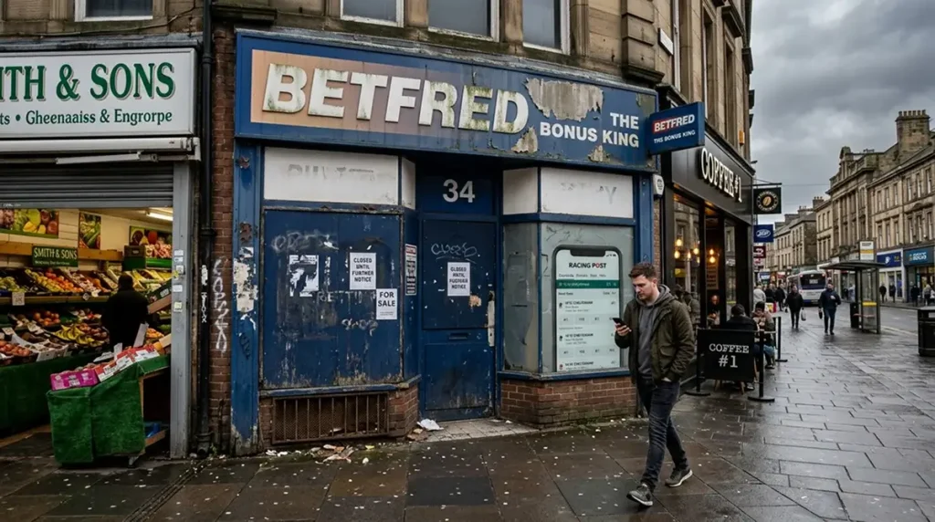 Empty high street with a shuttered betting shop facade and a smartphone showing live racing odds