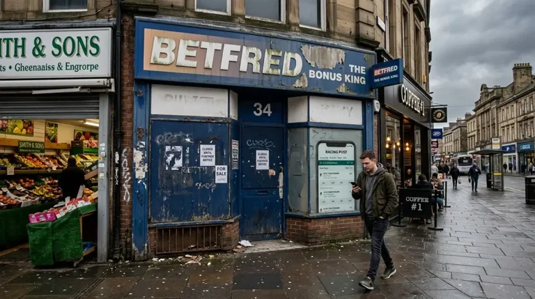 Empty high street with a shuttered betting shop facade and a smartphone showing live racing odds