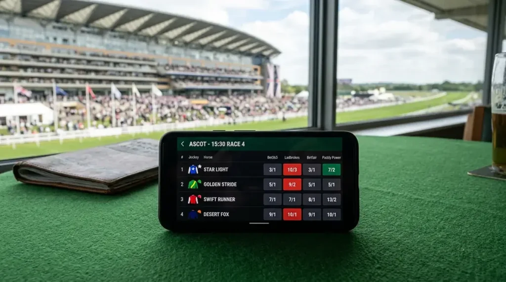 Criteria framework for evaluating UK horse racing betting sites including licensing odds and features