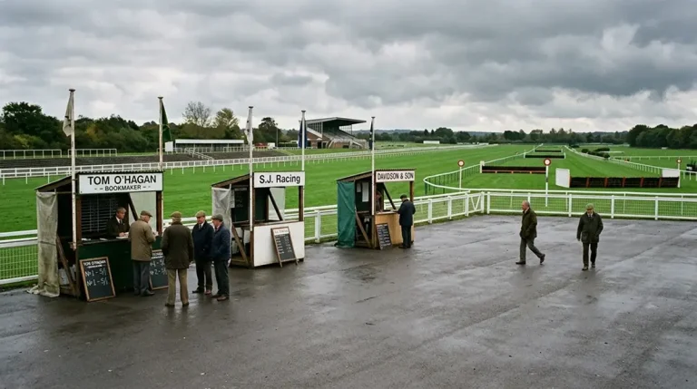 Downward trending graph overlaid on a quiet UK racecourse betting ring
