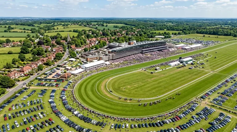 Aerial view of a UK racecourse and surrounding rural community illustrating economic impact
