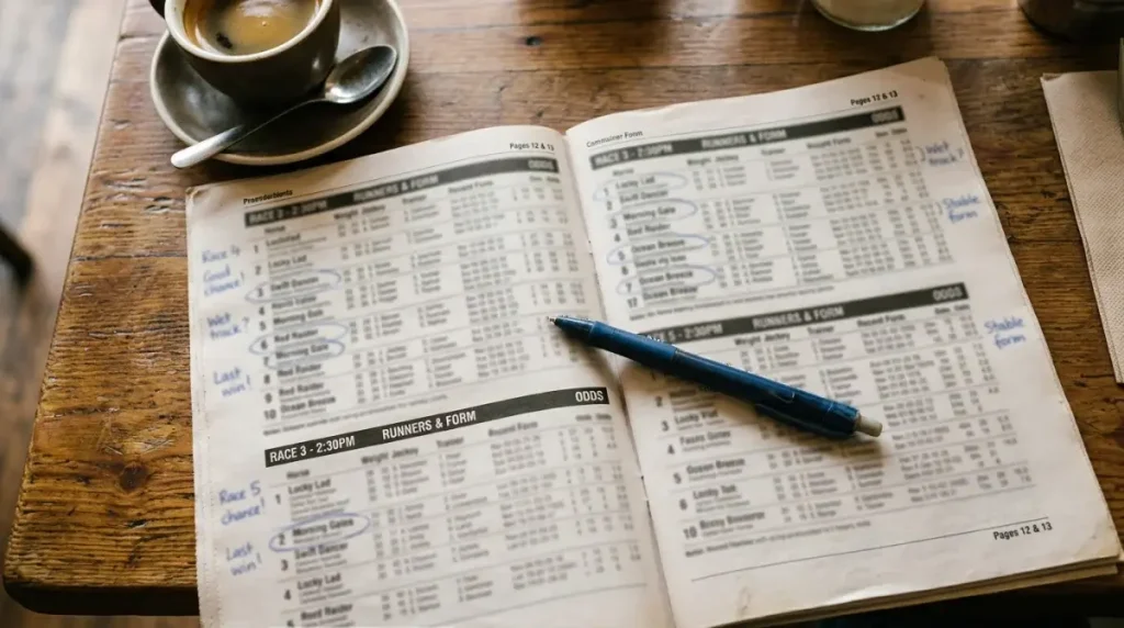 Racing newspaper form guide spread open on a table with a pen and notes marking selections