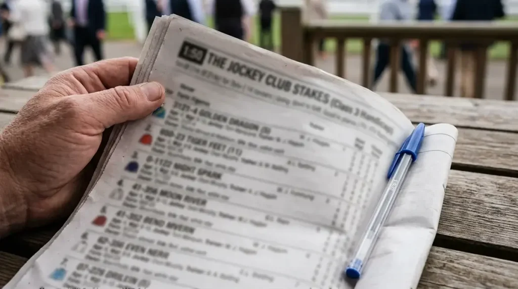 Close-up of a UK horse racing racecard showing form figures and abbreviation codes