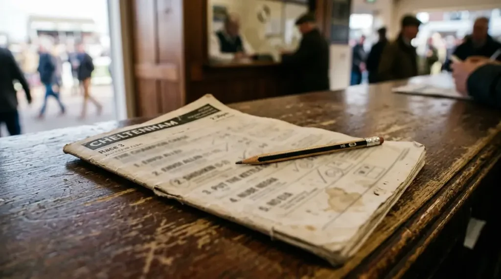 Open reference book overlaid with horse racing and betting terminology