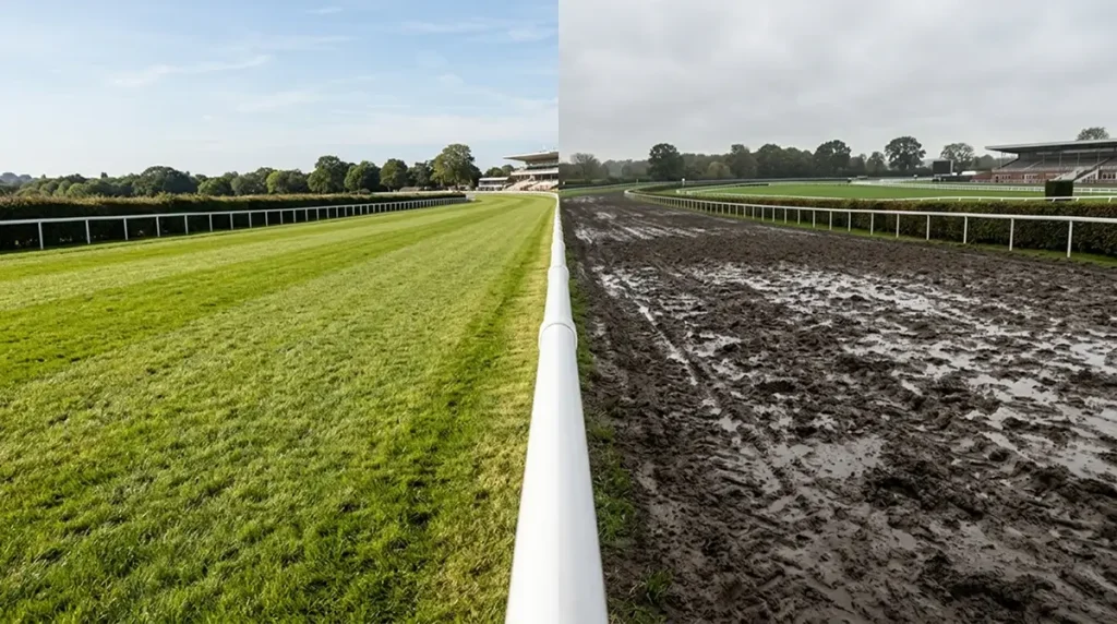 Side-by-side comparison of firm and soft turf conditions on a UK racecourse
