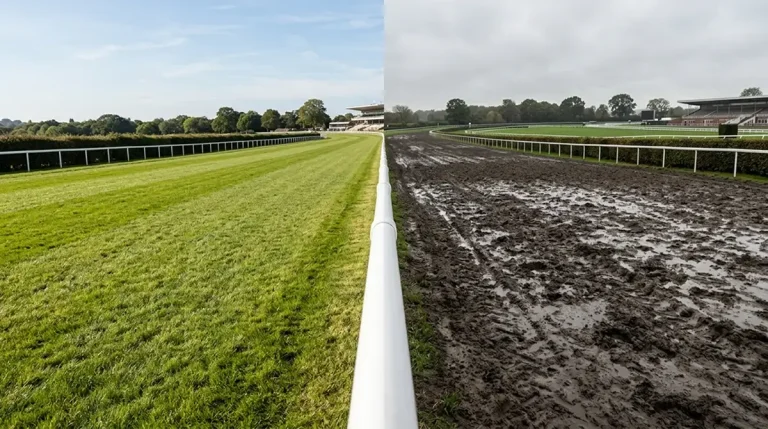 Side-by-side comparison of firm and soft turf conditions on a UK racecourse