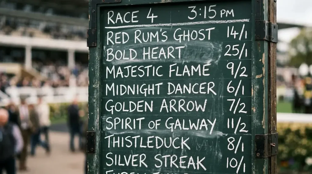 Close-up of a traditional bookmaker board at a UK racecourse showing fractional odds next to horse names