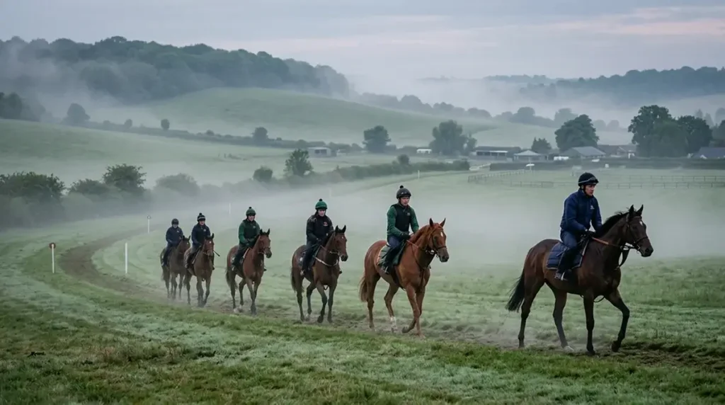 Racehorses on a misty morning gallop at a UK training yard