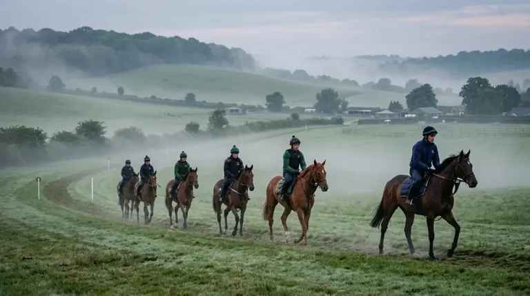 Racehorses on a misty morning gallop at a UK training yard
