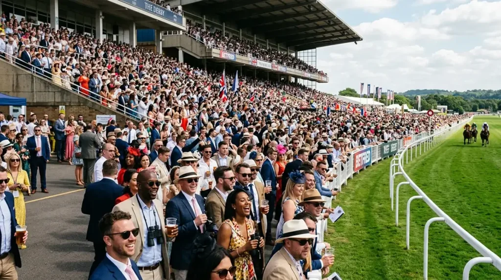 Packed UK racecourse grandstand on a festival day showing diverse spectator crowd