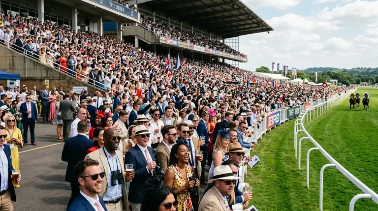 Packed UK racecourse grandstand on a festival day showing diverse spectator crowd
