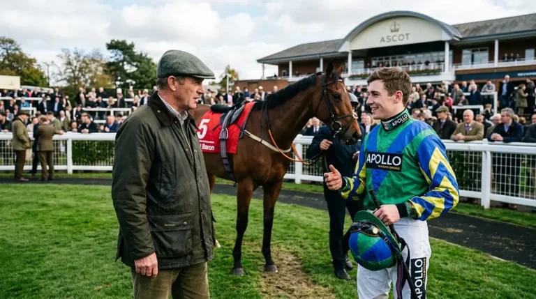 Trainer and jockey in discussion at a UK racecourse paddock before a race