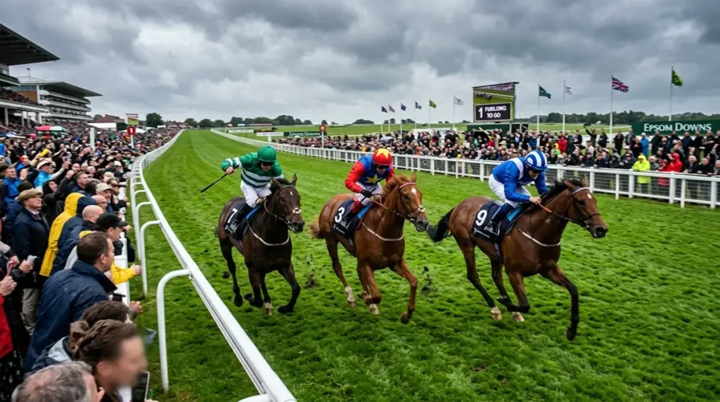 Live horse racing in-play betting interface showing fluctuating odds during a race