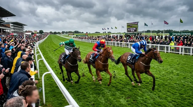 Live horse racing in-play betting interface showing fluctuating odds during a race