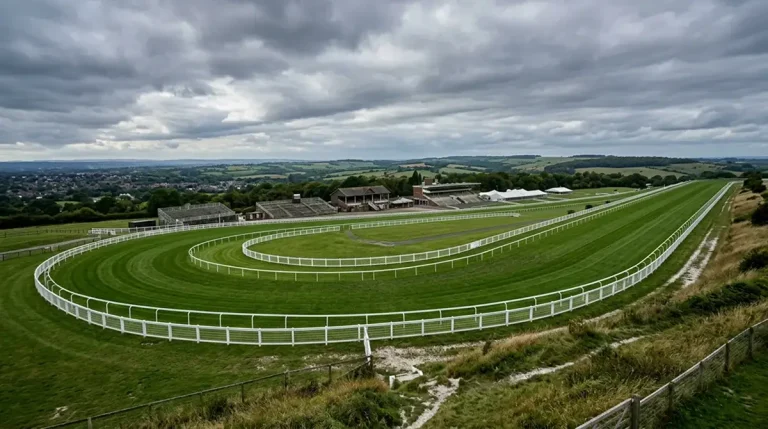 Royal Ascot grandstand with runners approaching in a Group 1 flat race