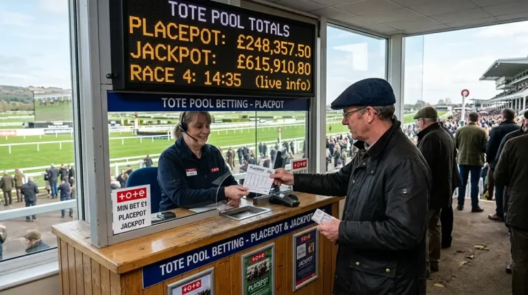 Tote pool betting board at a UK racecourse showing Placepot and Jackpot displays