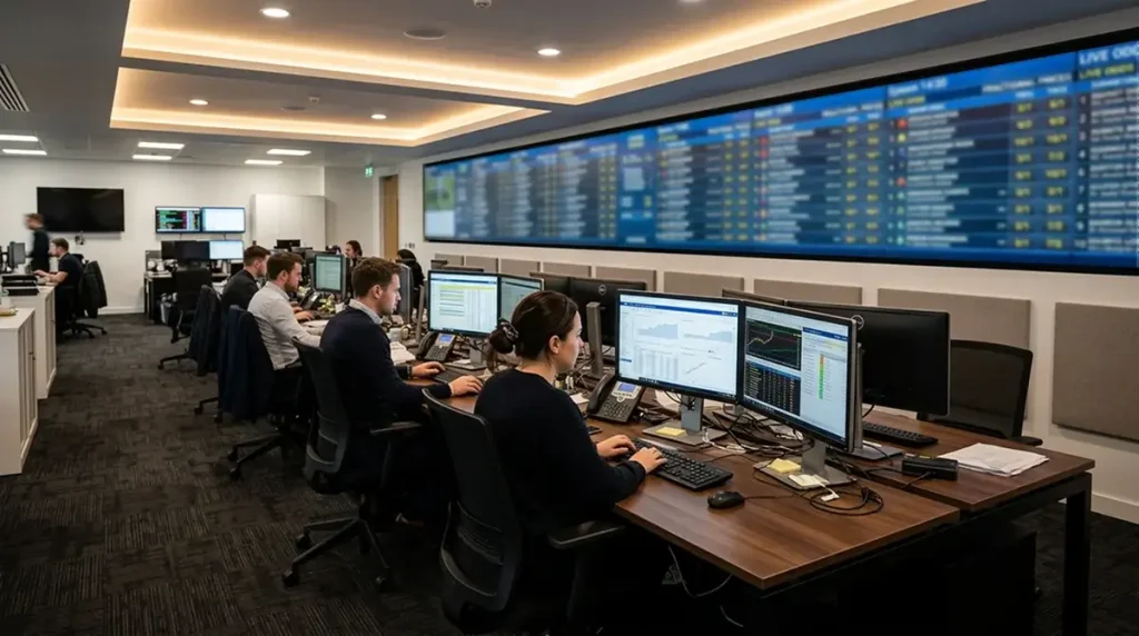 Busy trading floor of a UK bookmaker with horse racing odds displayed on large screens