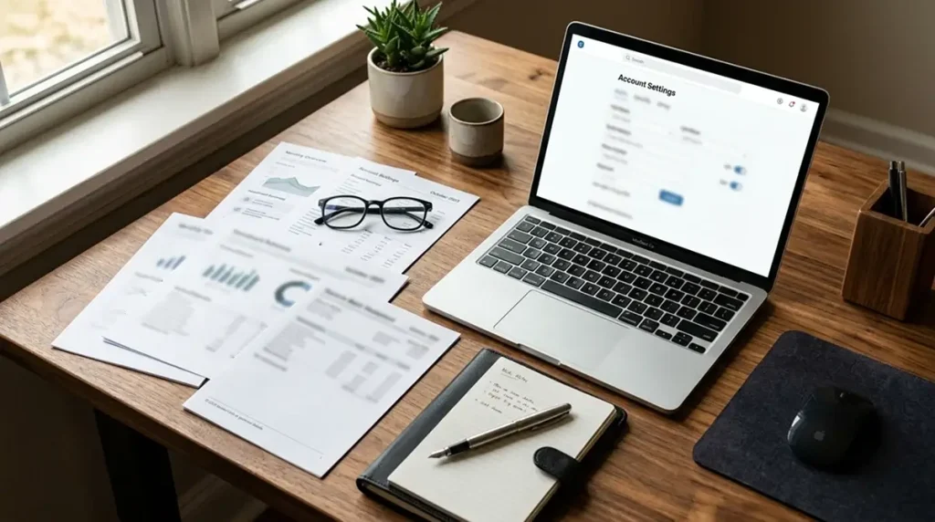Person reviewing financial documents on a desk beside a laptop showing a betting account dashboard