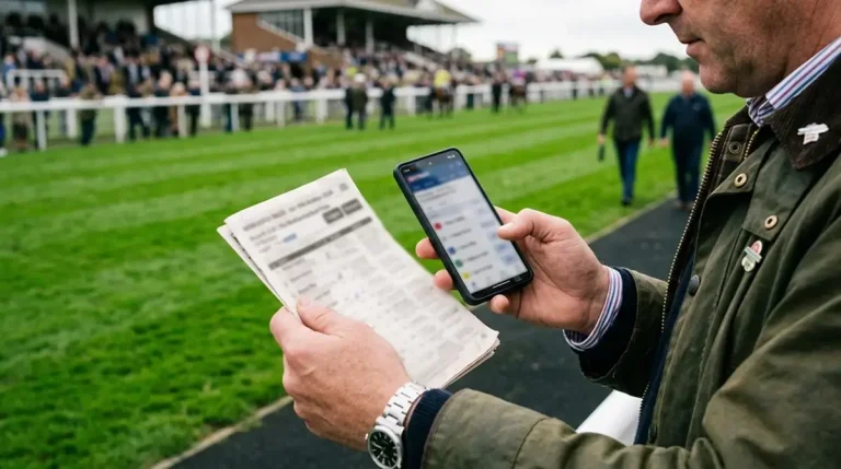 Punter studying a racecard and comparing odds on a phone screen at a UK racecourse
